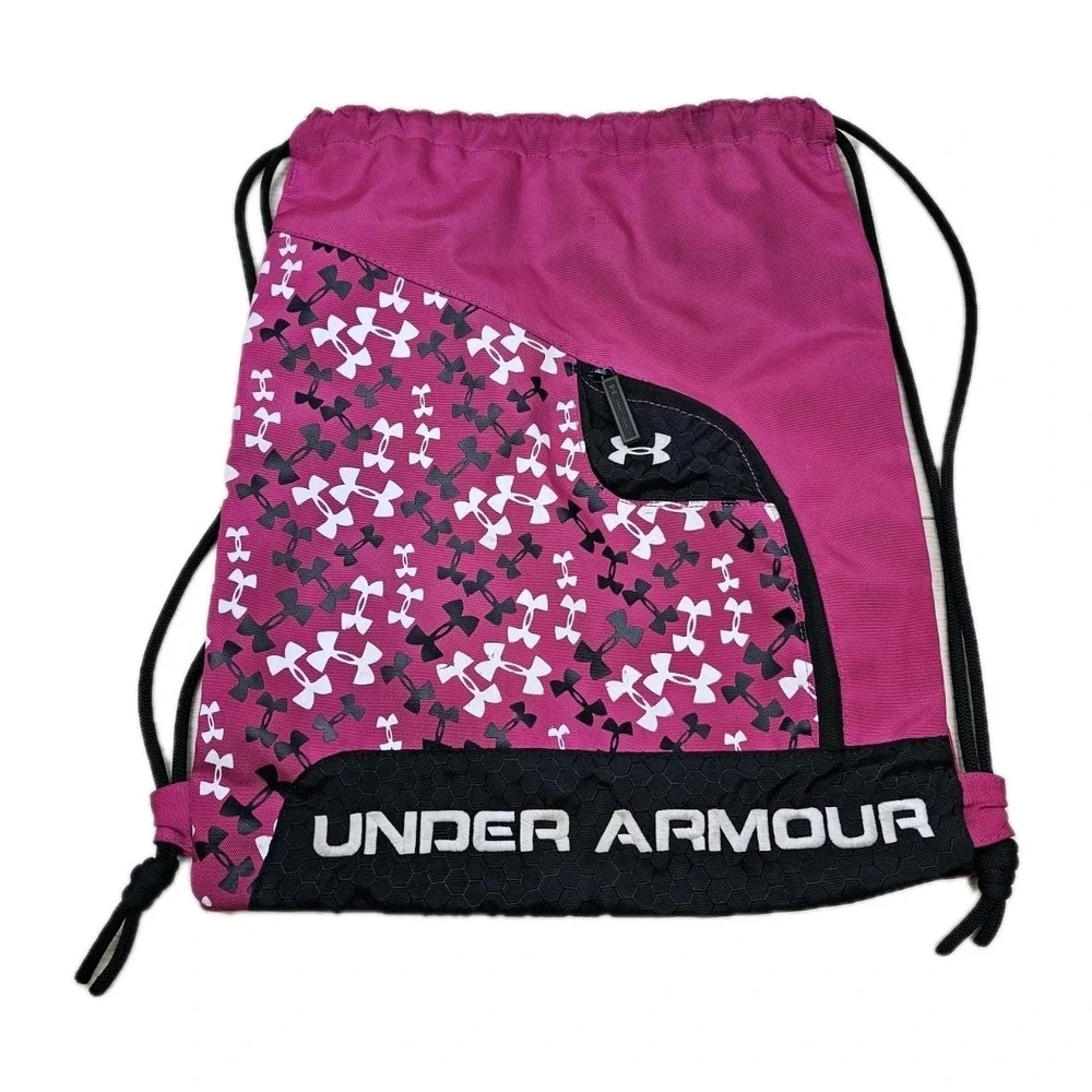 Under Armour Pink Drawstring Sackpack Gym Bag Backpack UA Logo Pattern Zip Pocke